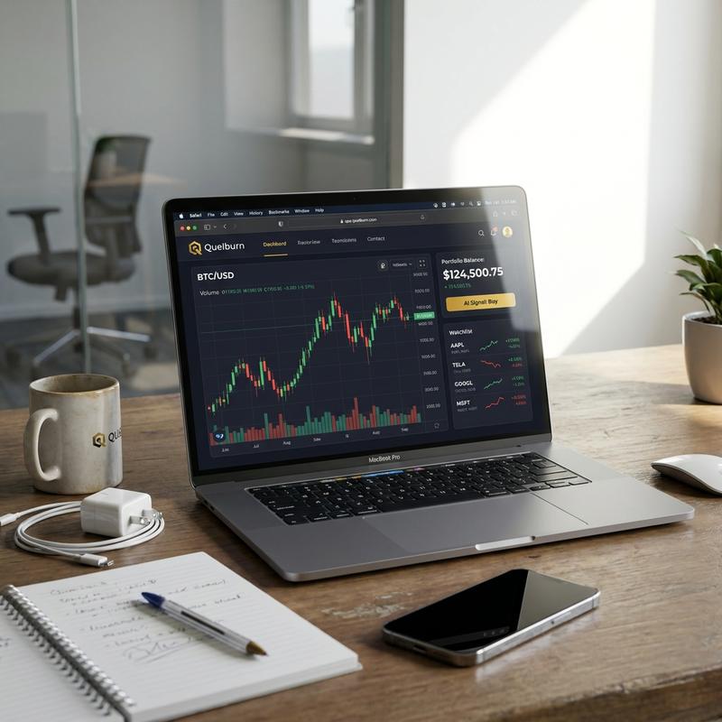Painel da Quelburn aberto em um notebook sobre a mesa de trabalho, com gráfico de candles de BTC/USD, saldo da carteira, sinal de IA e lista de ativos monitorados